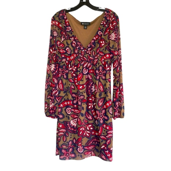 INC INTERNATIONAL CONCEPTS Brown Red Floral Print long Sleeve A-line dress M - Picture 1 of 9